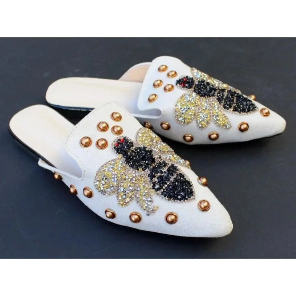 Bumble Bee Print Slip-On Loafers Sparkling Rhinestones & Pearl Embellishments